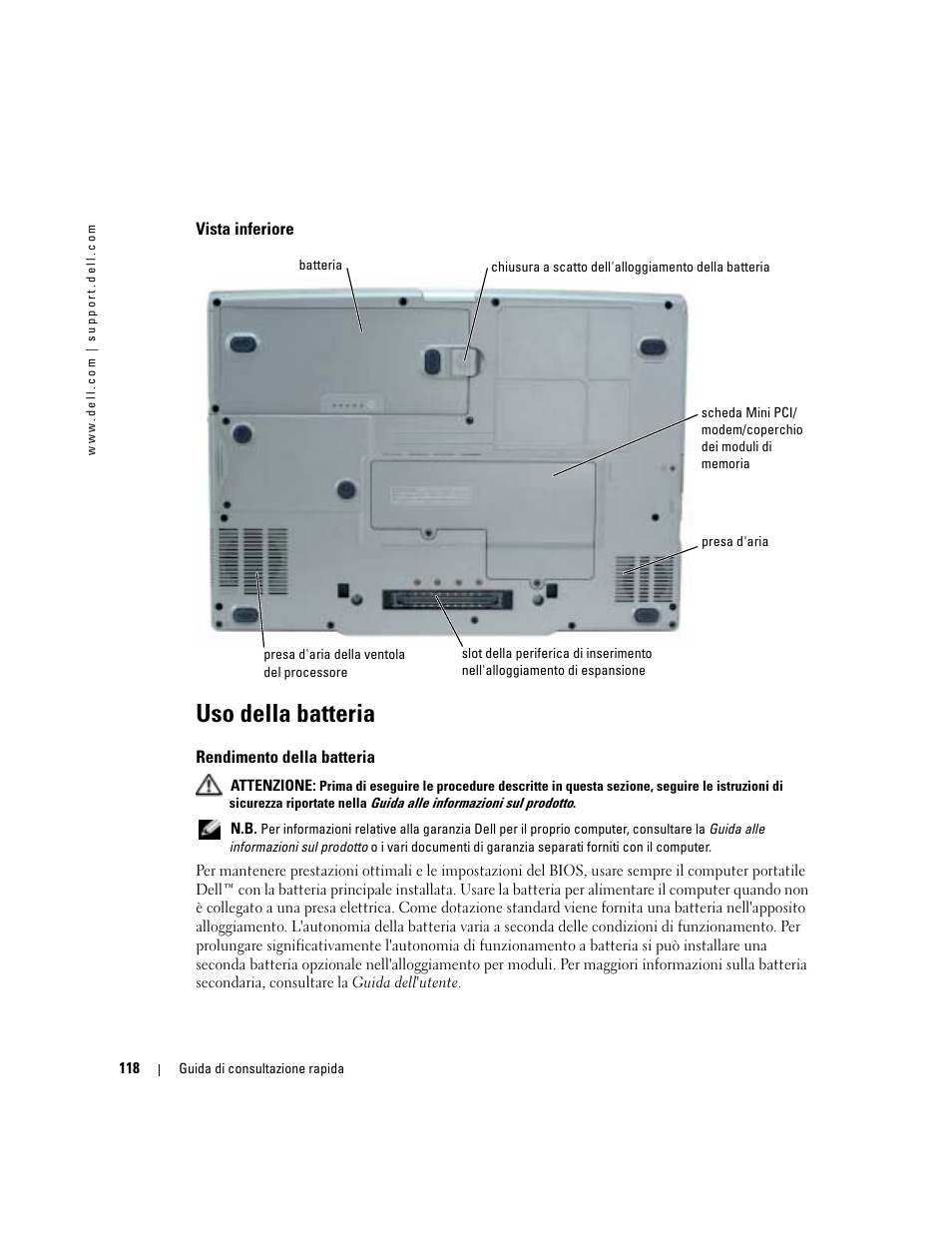 Vista inferiore, Uso della batteria, Rendimento della batteria | Dell Latitude D810 User Manual | Page 118 / 156
