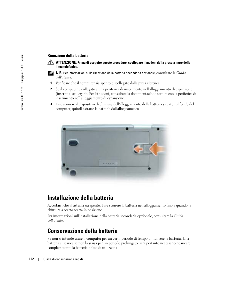 Rimozione della batteria, Installazione della batteria, Conservazione della batteria | Dell Latitude D810 User Manual | Page 122 / 156