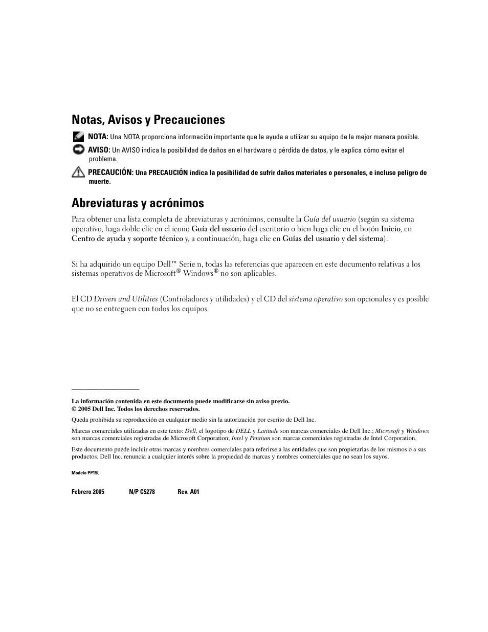 Notas, avisos y precauciones, Abreviaturas y acrónimos | Dell Latitude D810 User Manual | Page 132 / 156