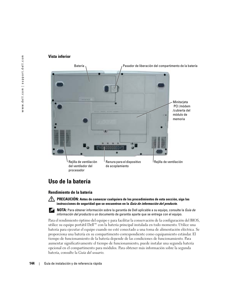 Vista inferior, Uso de la batería, Rendimiento de la batería | Dell Latitude D810 User Manual | Page 144 / 156