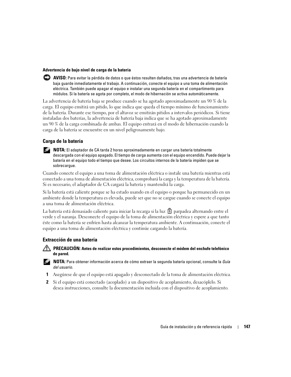 Carga de la batería, Extracción de una batería | Dell Latitude D810 User Manual | Page 147 / 156