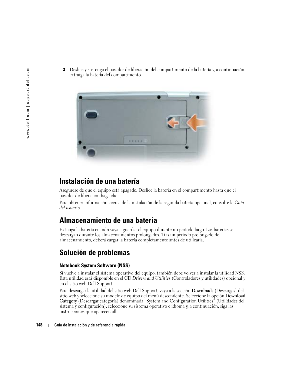 Instalación de una batería, Almacenamiento de una batería, Solución de problemas | Notebook system software (nss) | Dell Latitude D810 User Manual | Page 148 / 156