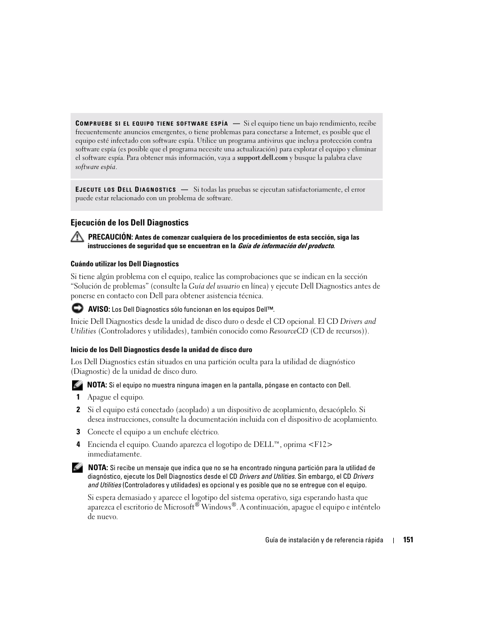 Ejecución de los dell diagnostics | Dell Latitude D810 User Manual | Page 151 / 156