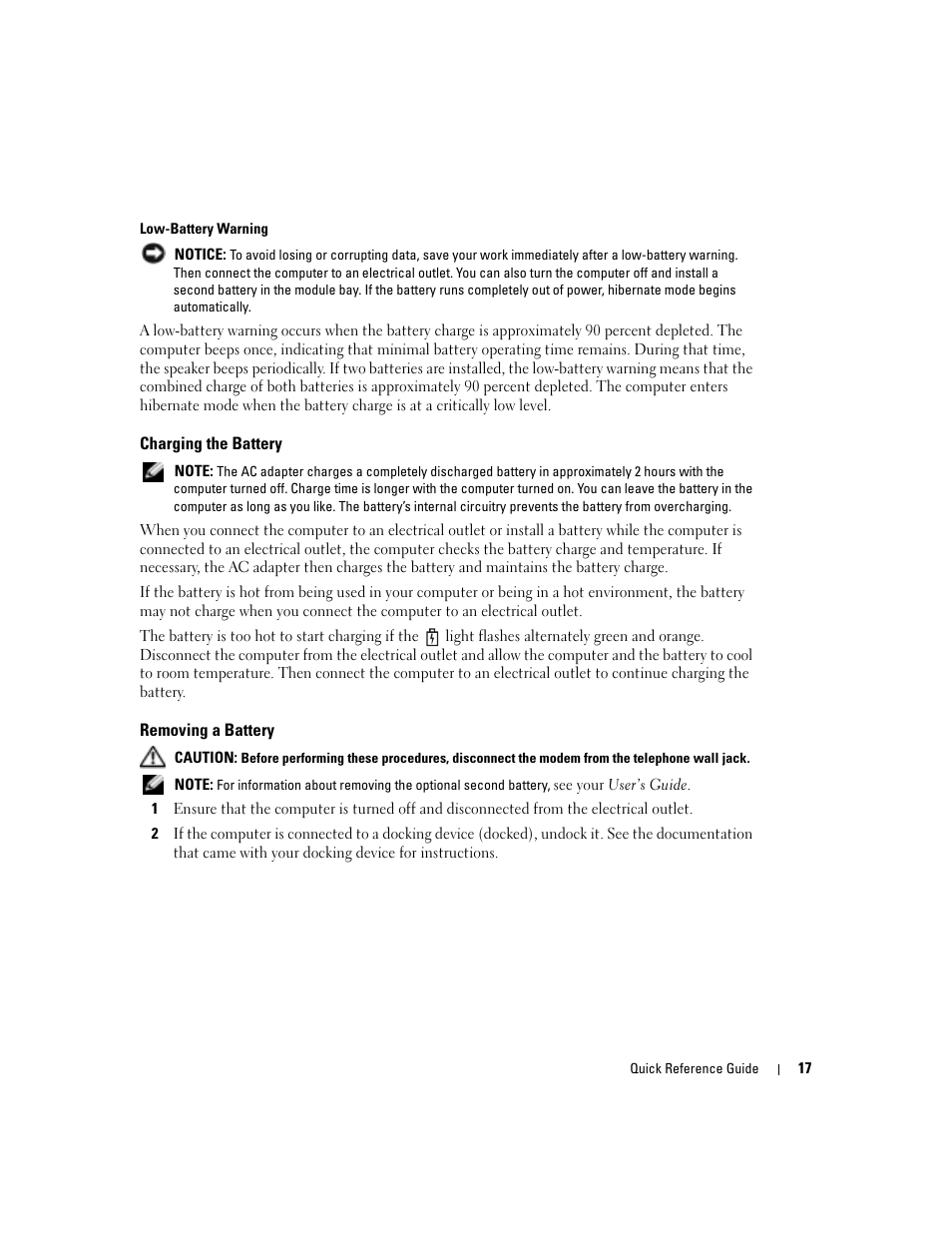 Charging the battery, Removing a battery | Dell Latitude D810 User Manual | Page 17 / 156