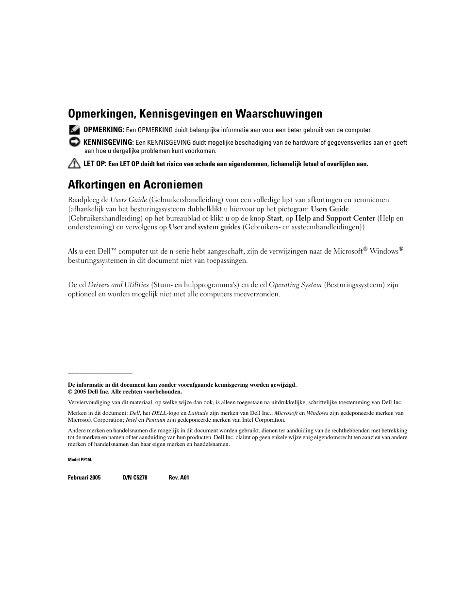 Opmerkingen, kennisgevingen en waarschuwingen, Afkortingen en acroniemen | Dell Latitude D810 User Manual | Page 28 / 156