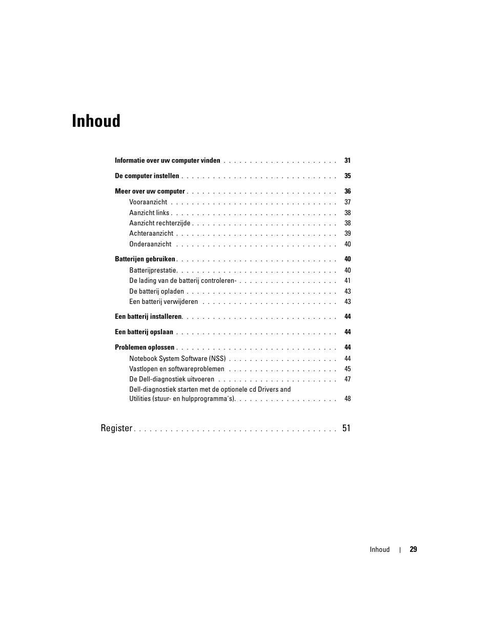 Inhoud, Register | Dell Latitude D810 User Manual | Page 29 / 156