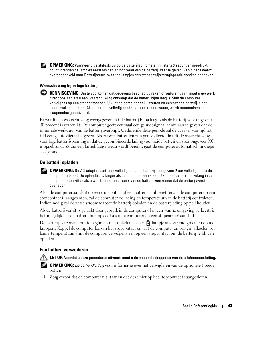 De batterij opladen, Een batterij verwijderen | Dell Latitude D810 User Manual | Page 43 / 156