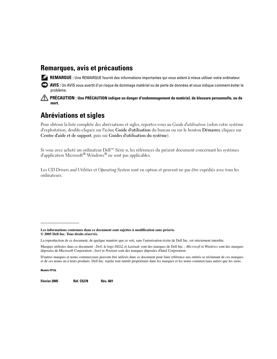 Remarques, avis et précautions, Abréviations et sigles | Dell Latitude D810 User Manual | Page 54 / 156
