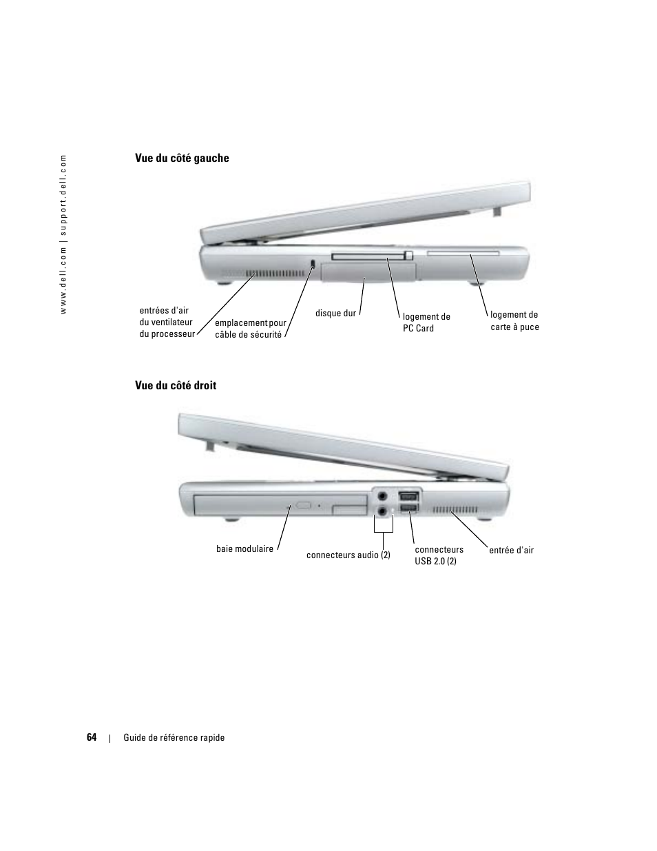 Vue du côté gauche, Vue du côté droit | Dell Latitude D810 User Manual | Page 64 / 156