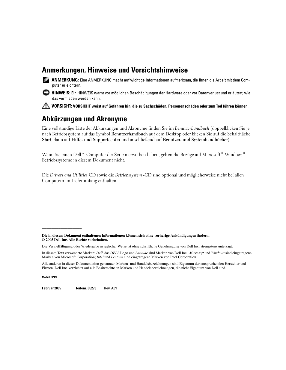 Anmerkungen, hinweise und vorsichtshinweise, Abkürzungen und akronyme | Dell Latitude D810 User Manual | Page 80 / 156