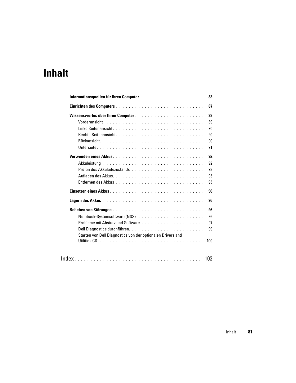 Inhalt, Index | Dell Latitude D810 User Manual | Page 81 / 156