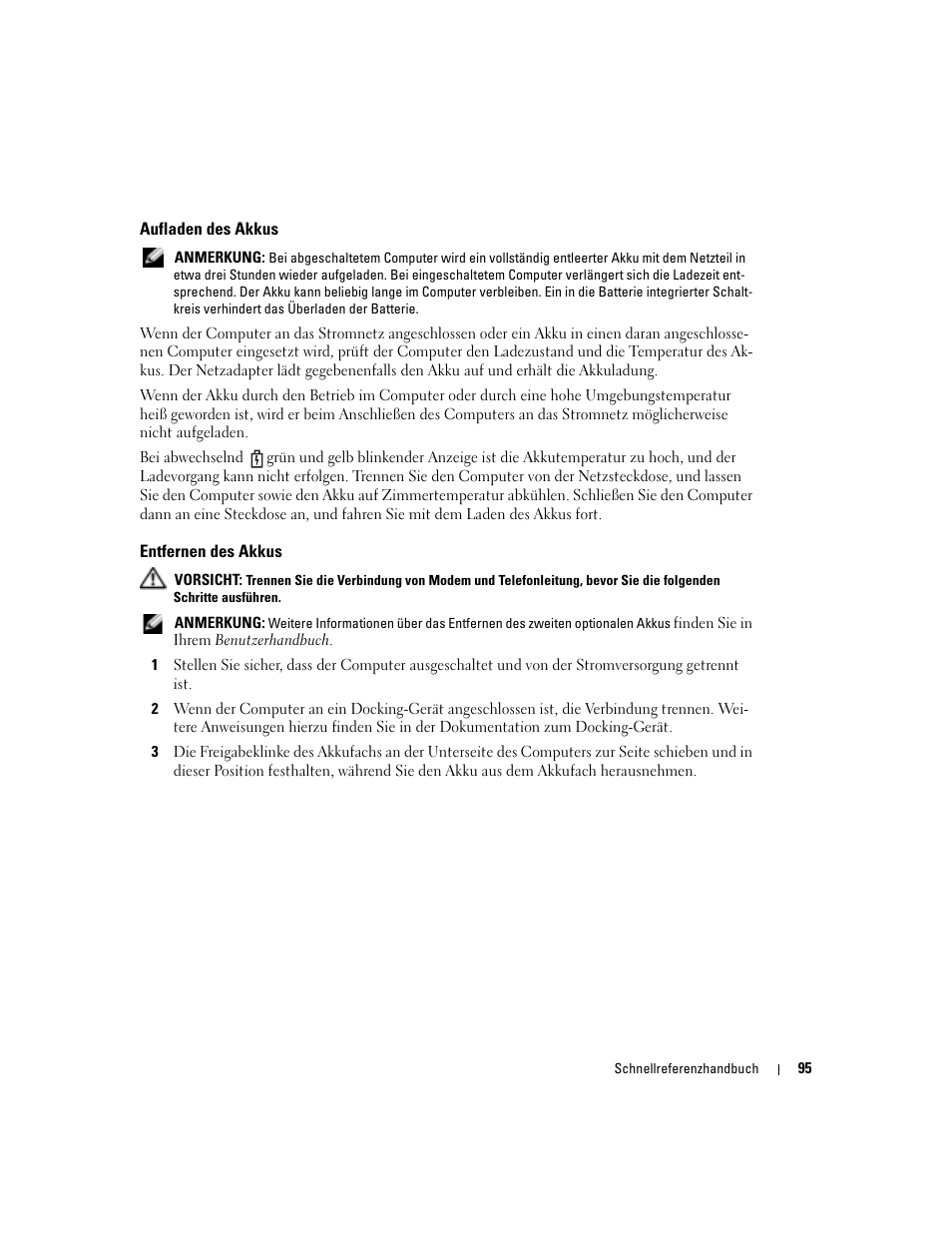 Aufladen des akkus, Entfernen des akkus | Dell Latitude D810 User Manual | Page 95 / 156