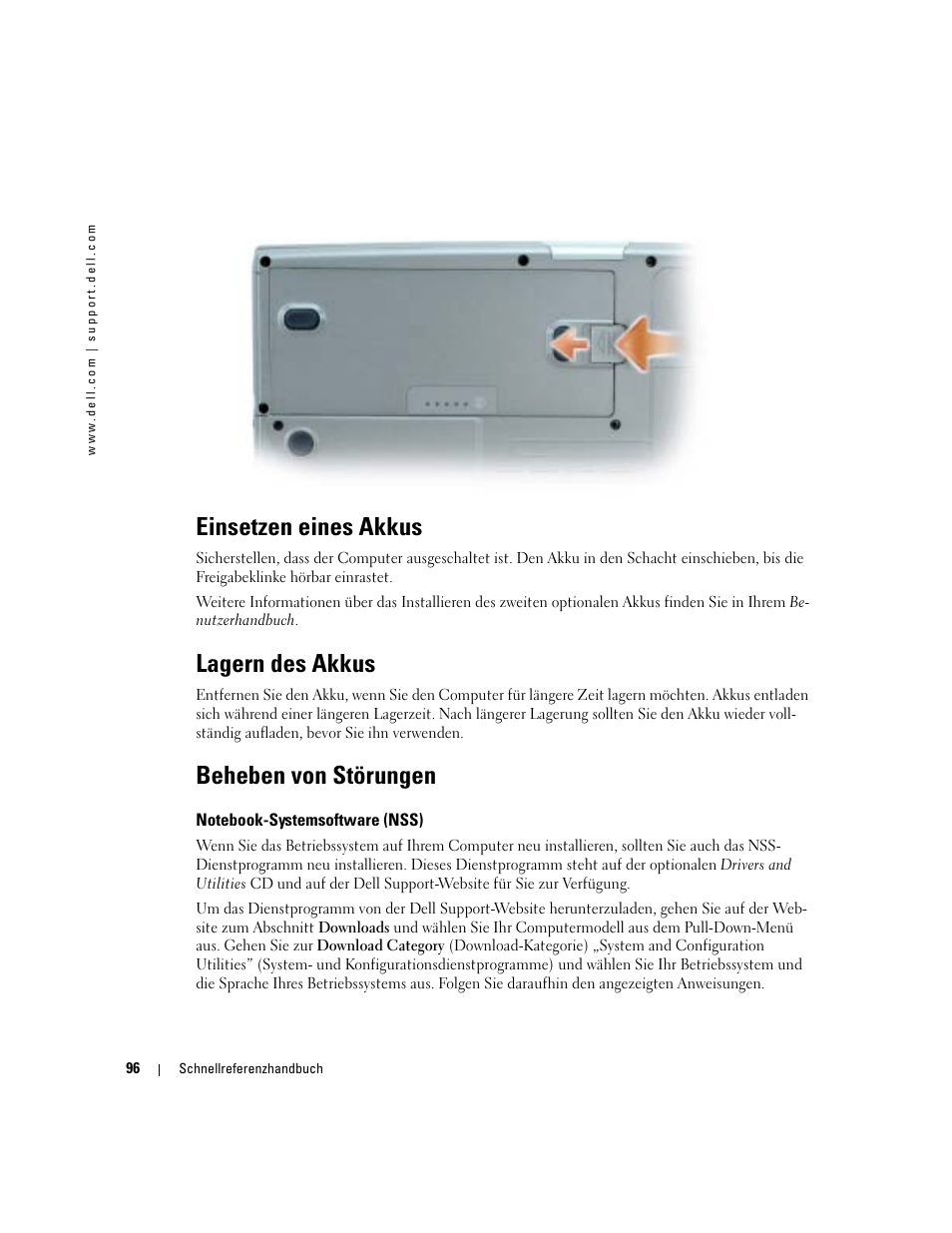 Einsetzen eines akkus, Lagern des akkus, Beheben von störungen | Notebook-systemsoftware (nss) | Dell Latitude D810 User Manual | Page 96 / 156