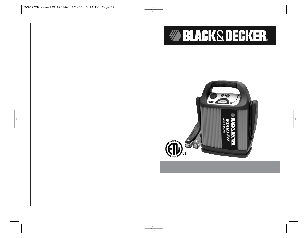 Black & Decker Start-It Jump 'n Charge VEC012BBD User Manual | 8 pages