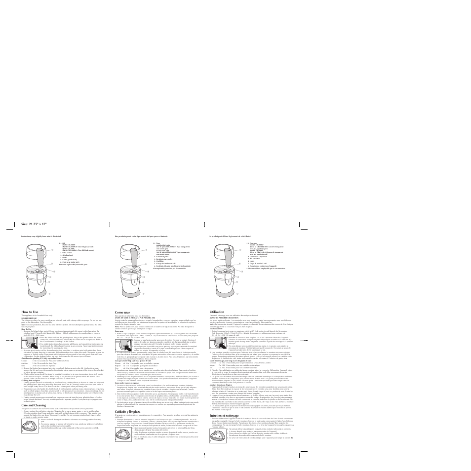 Entretien et nettoyage, Como usar, Cuidado y limpieza | How to use, Care and cleaning | Black & Decker CBG100W User Manual | Page 2 / 2