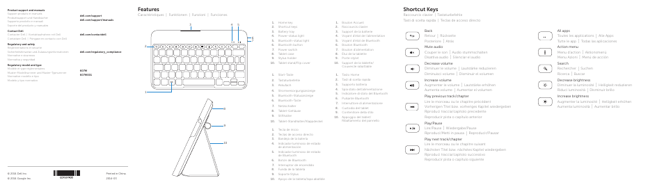 Shortcut keys, Features | Dell Bluetooth Keyboard Folio WK415 User Manual | Page 2 / 2