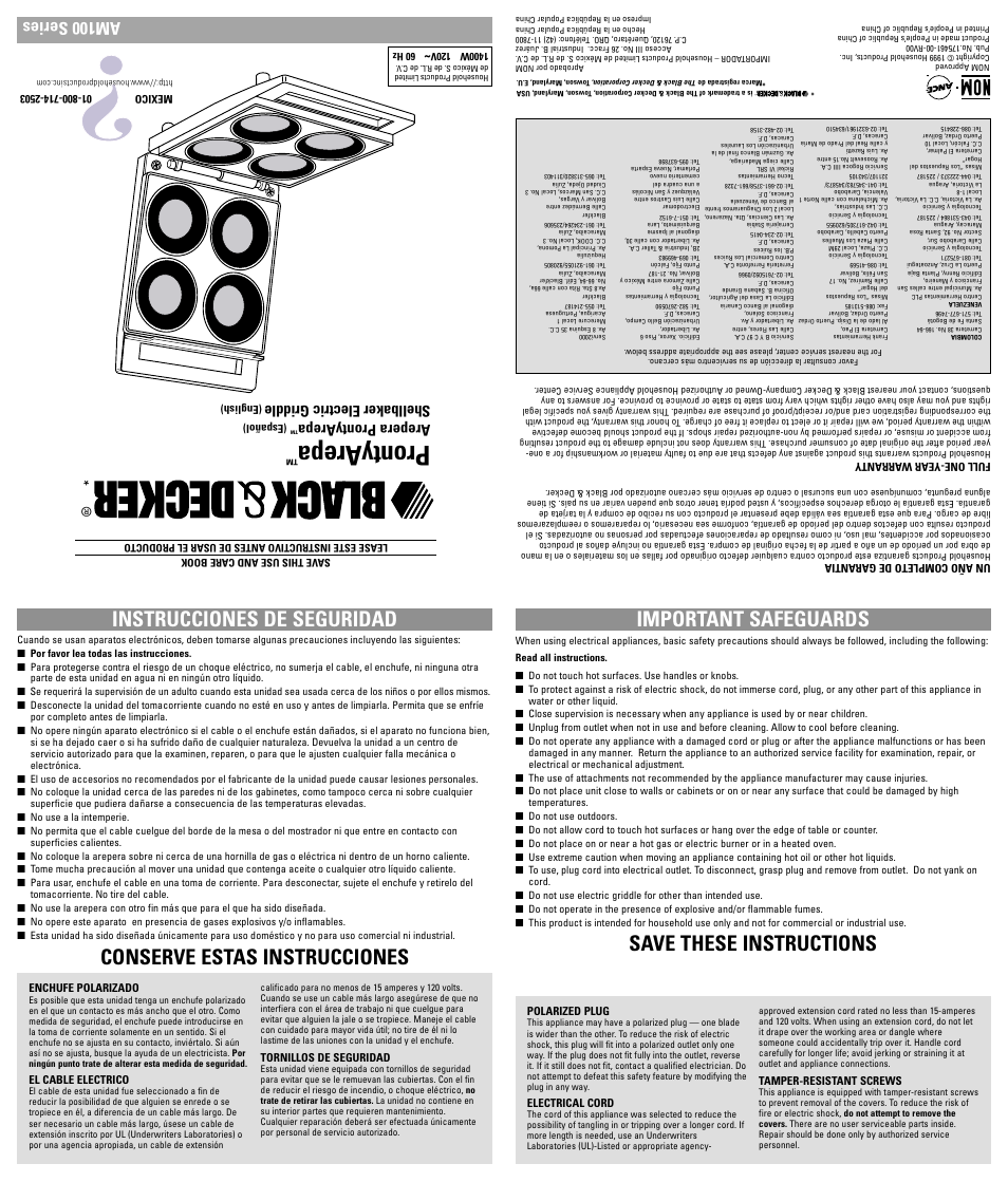 Instrucciones, Prontyarepa, Important safeguards | Save these instructions instrucciones de seguridad, Conserve estas instrucciones, Am100 series, Arepera prontyarepa, Shellbaker electric griddle | Black & Decker AM100 Series User Manual | Page 2 / 5