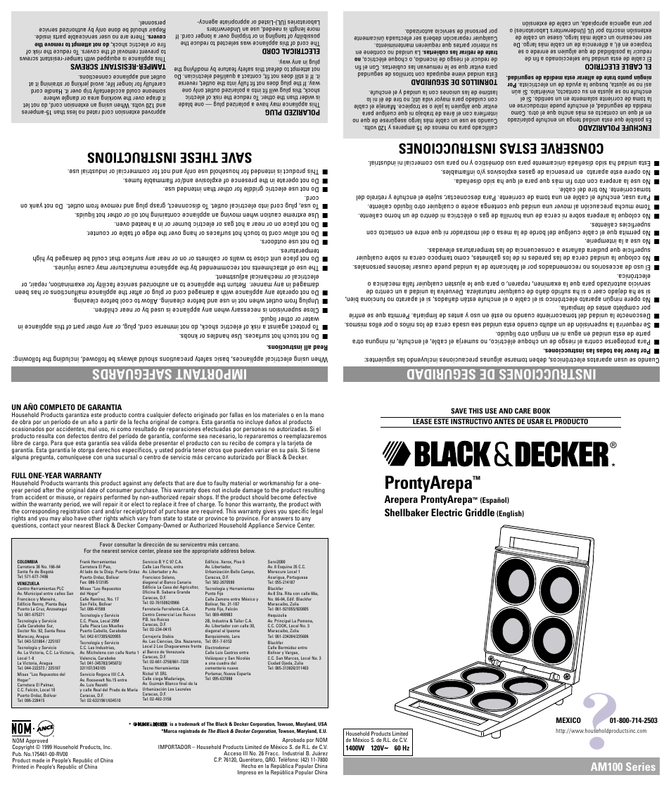 Garantia, Warranty, Prontyarepa | Important safeguards, Save these instructions instrucciones de seguridad, Conserve estas instrucciones, Am100 series, Arepera prontyarepa, Shellbaker electric griddle | Black & Decker AM100 Series User Manual | Page 4 / 5