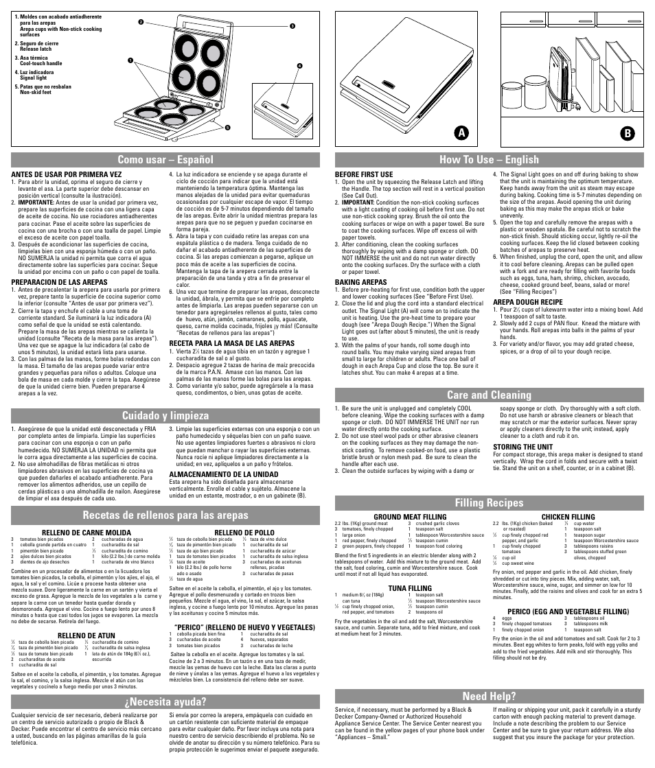 Como usar, Limpieza, Recetas | How to use, Care & cleaning, Recipies, How to use – english care and cleaning, Filling recipes, Recetas de rellenos para las arepas, Como usar – español cuidado y limpieza | Black & Decker AM100 Series User Manual | Page 5 / 5