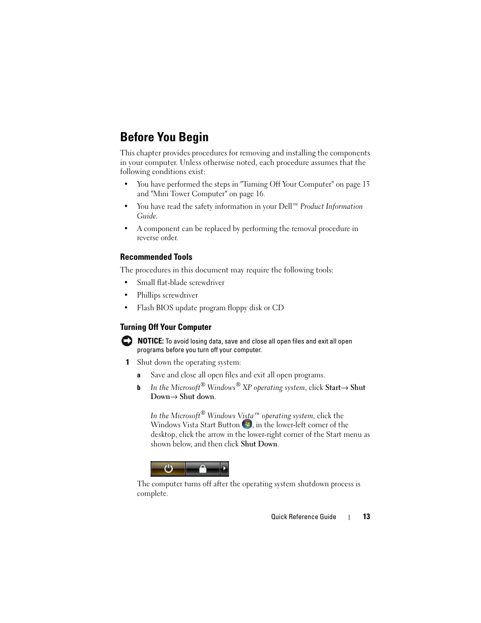 Before you begin, Recommended tools, Turning off your computer | Dell OptiPlex 755 User Manual | Page 13 / 528