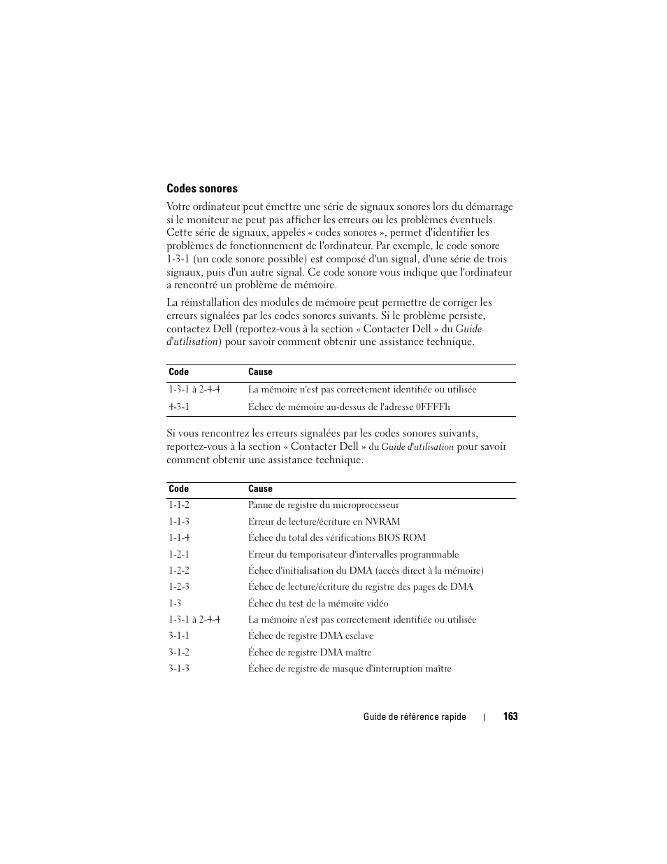 Codes sonores | Dell OptiPlex 755 User Manual | Page 163 / 528