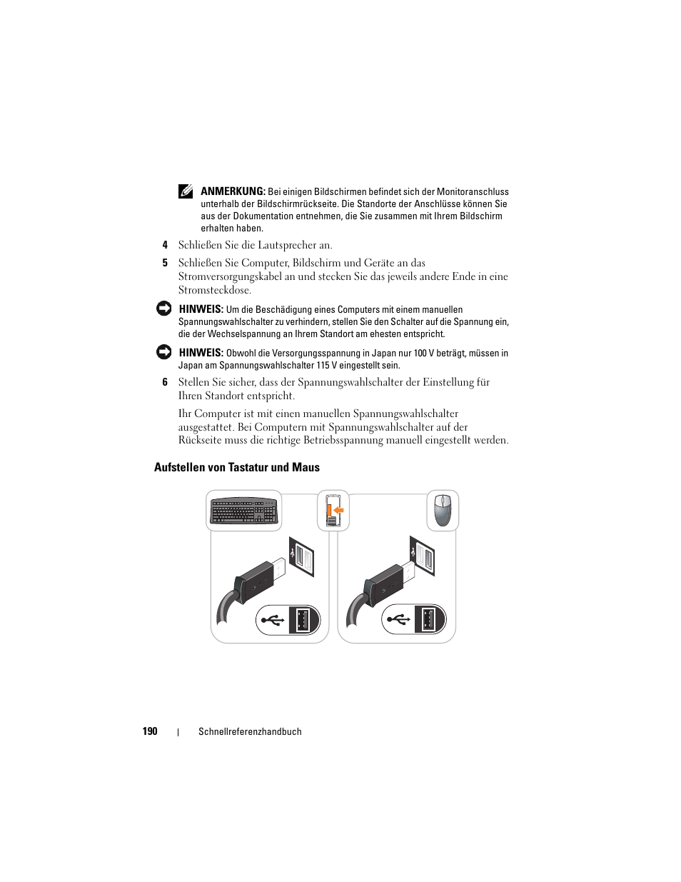 Aufstellen von tastatur und maus | Dell OptiPlex 755 User Manual | Page 190 / 528