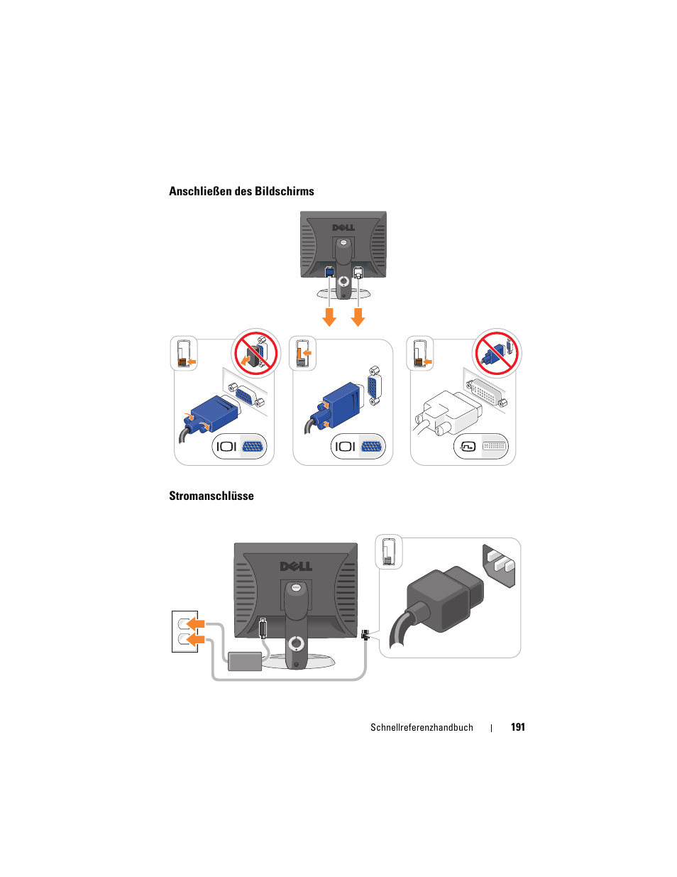 Anschließen des bildschirms, Stromanschlüsse | Dell OptiPlex 755 User Manual | Page 191 / 528