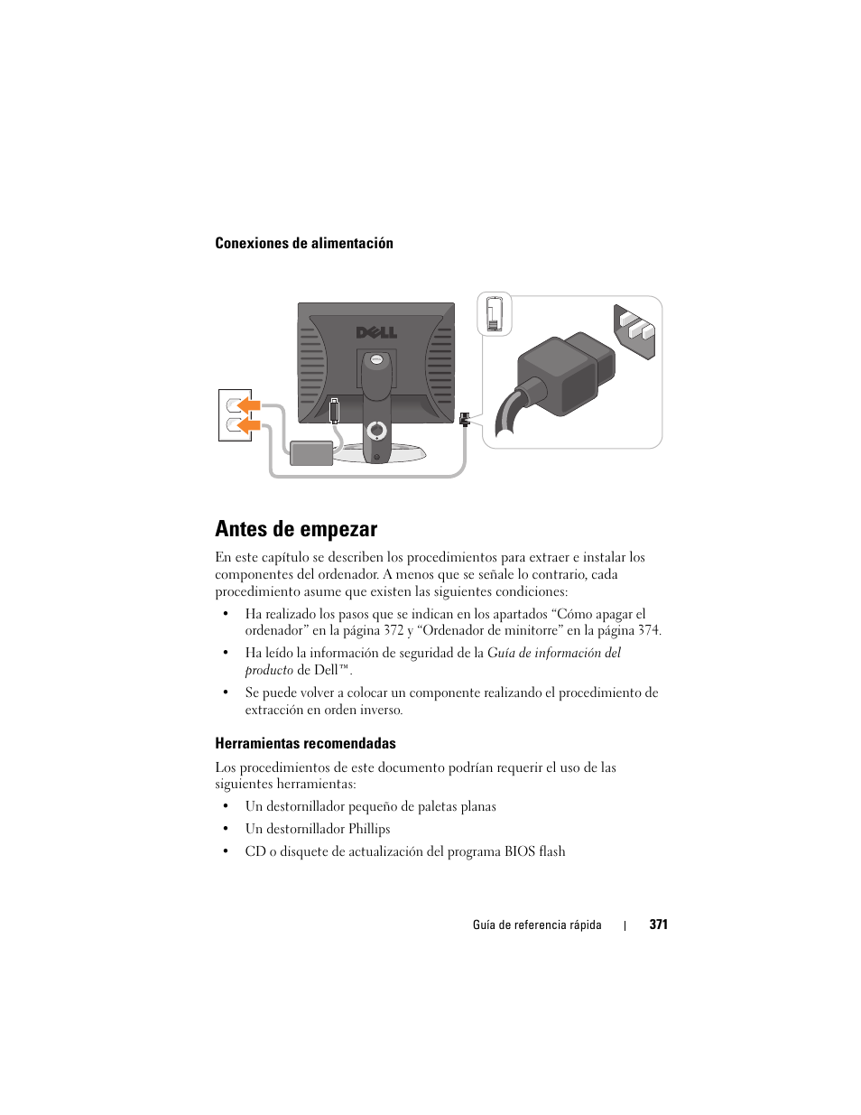 Conexiones de alimentación, Antes de empezar, Herramientas recomendadas | Dell OptiPlex 755 User Manual | Page 371 / 528