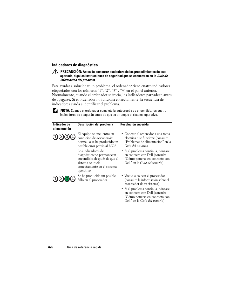 Indicadores de diagnóstico | Dell OptiPlex 755 User Manual | Page 426 / 528