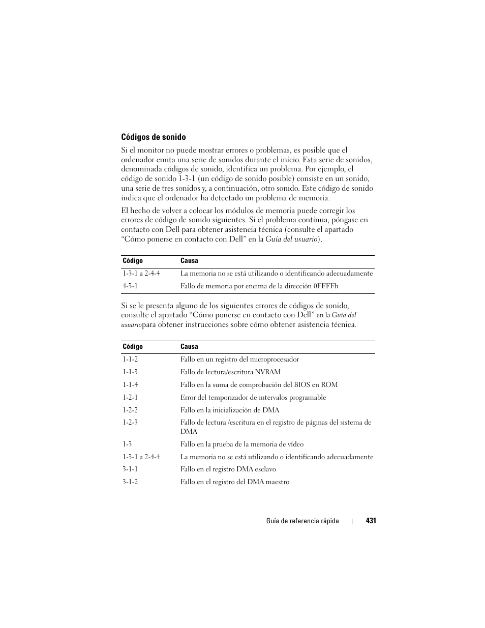 Códigos de sonido | Dell OptiPlex 755 User Manual | Page 431 / 528