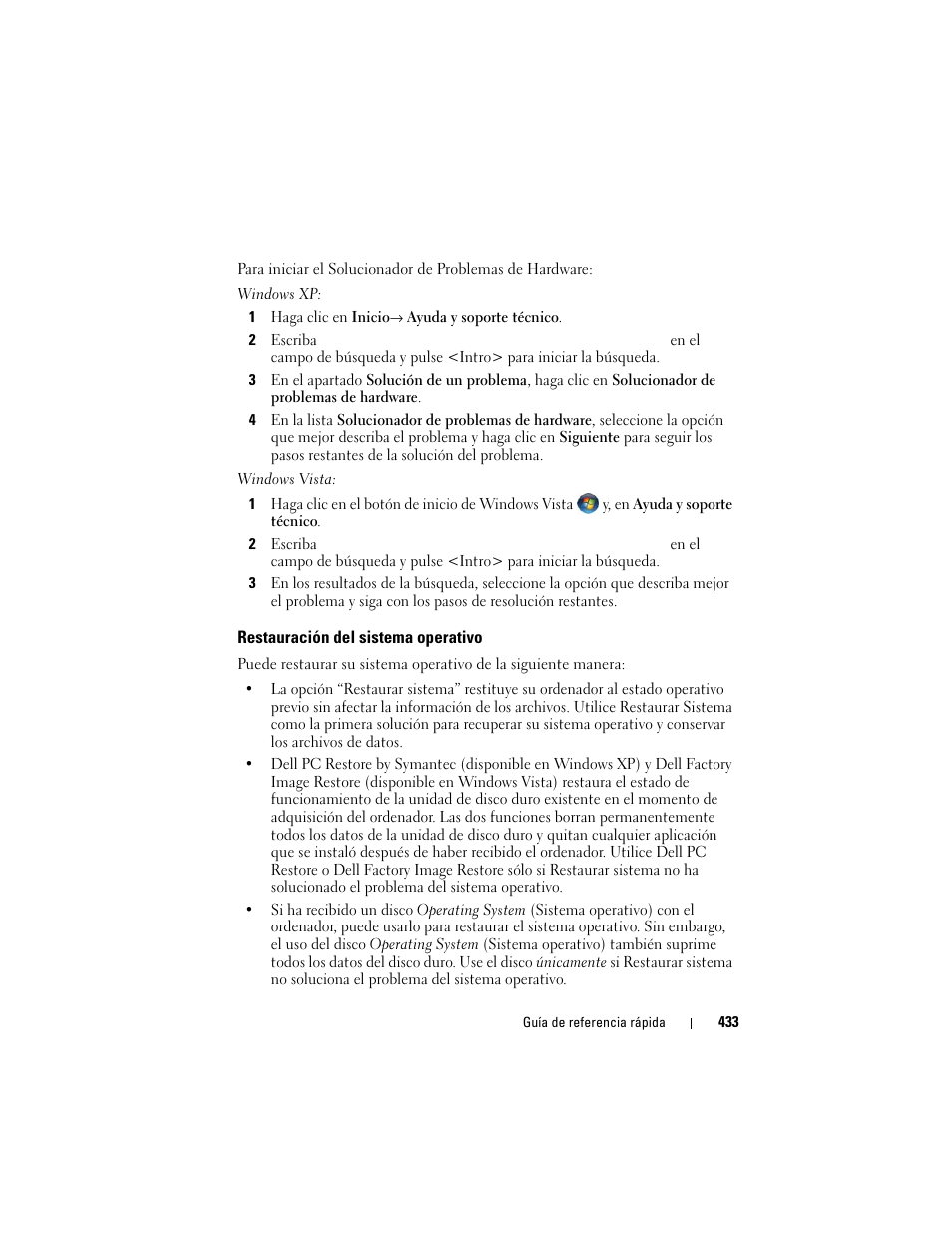 Restauración del sistema operativo | Dell OptiPlex 755 User Manual | Page 433 / 528