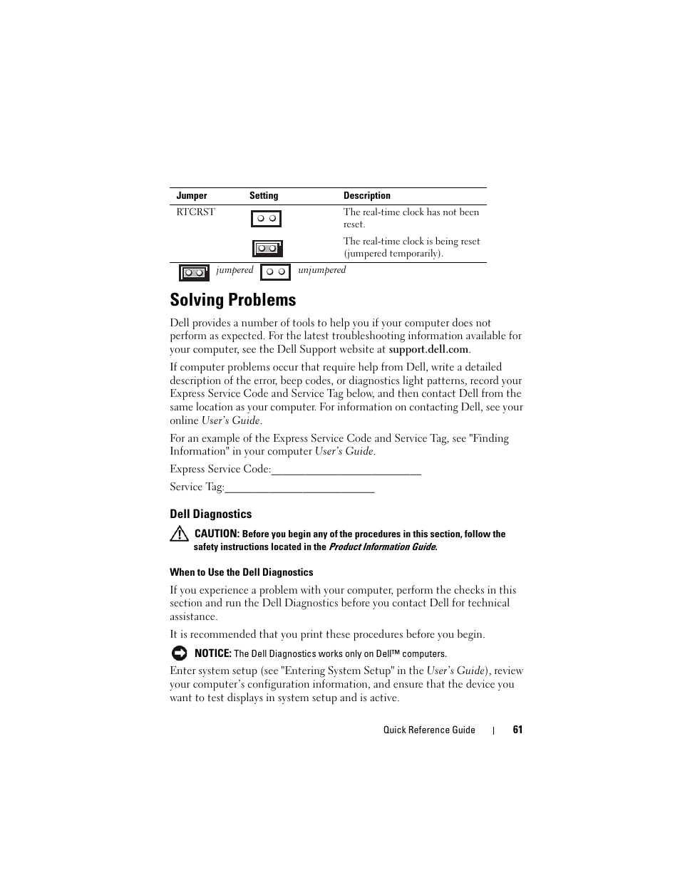 Solving problems, Dell diagnostics | Dell OptiPlex 755 User Manual | Page 61 / 528