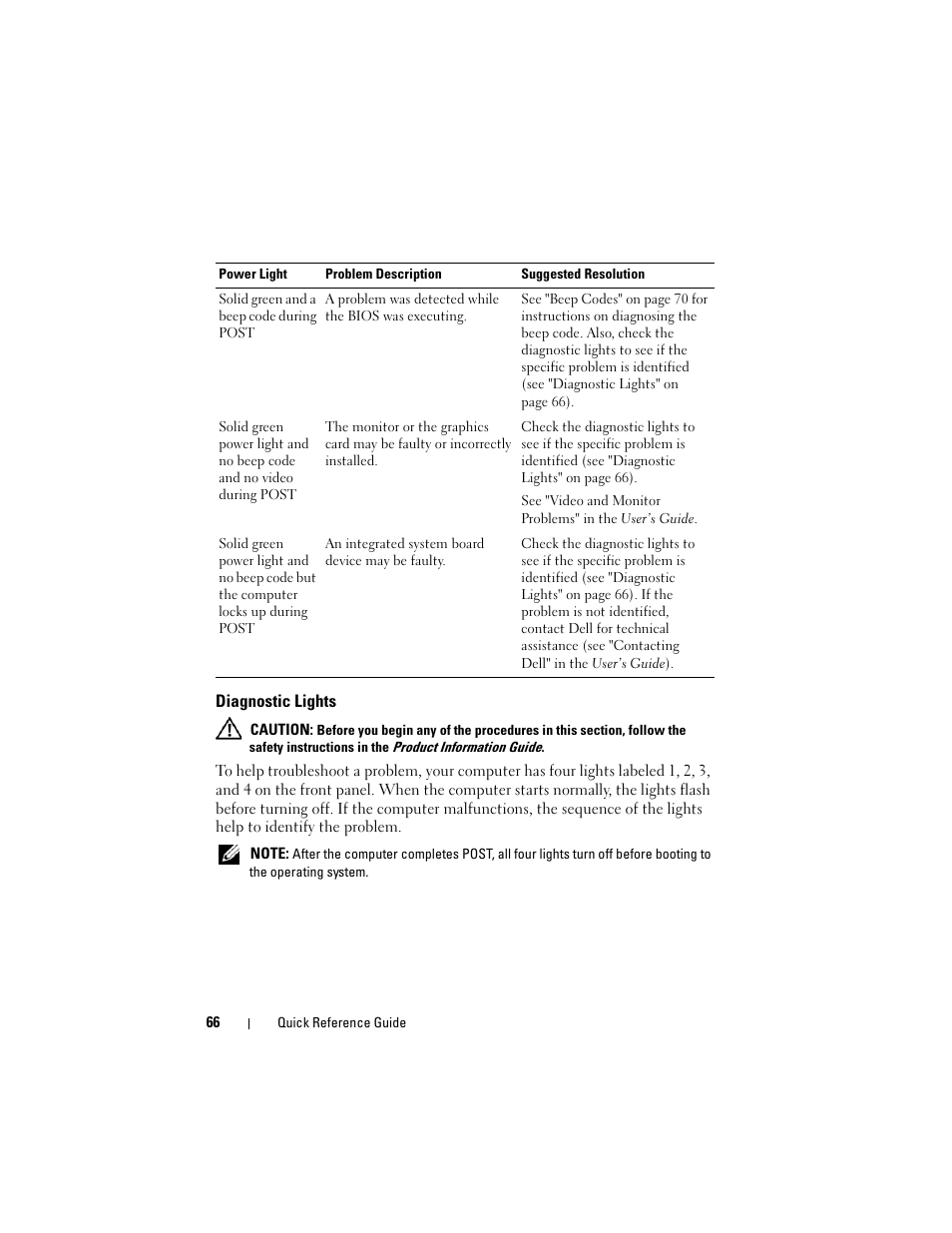 Diagnostic lights | Dell OptiPlex 755 User Manual | Page 66 / 528