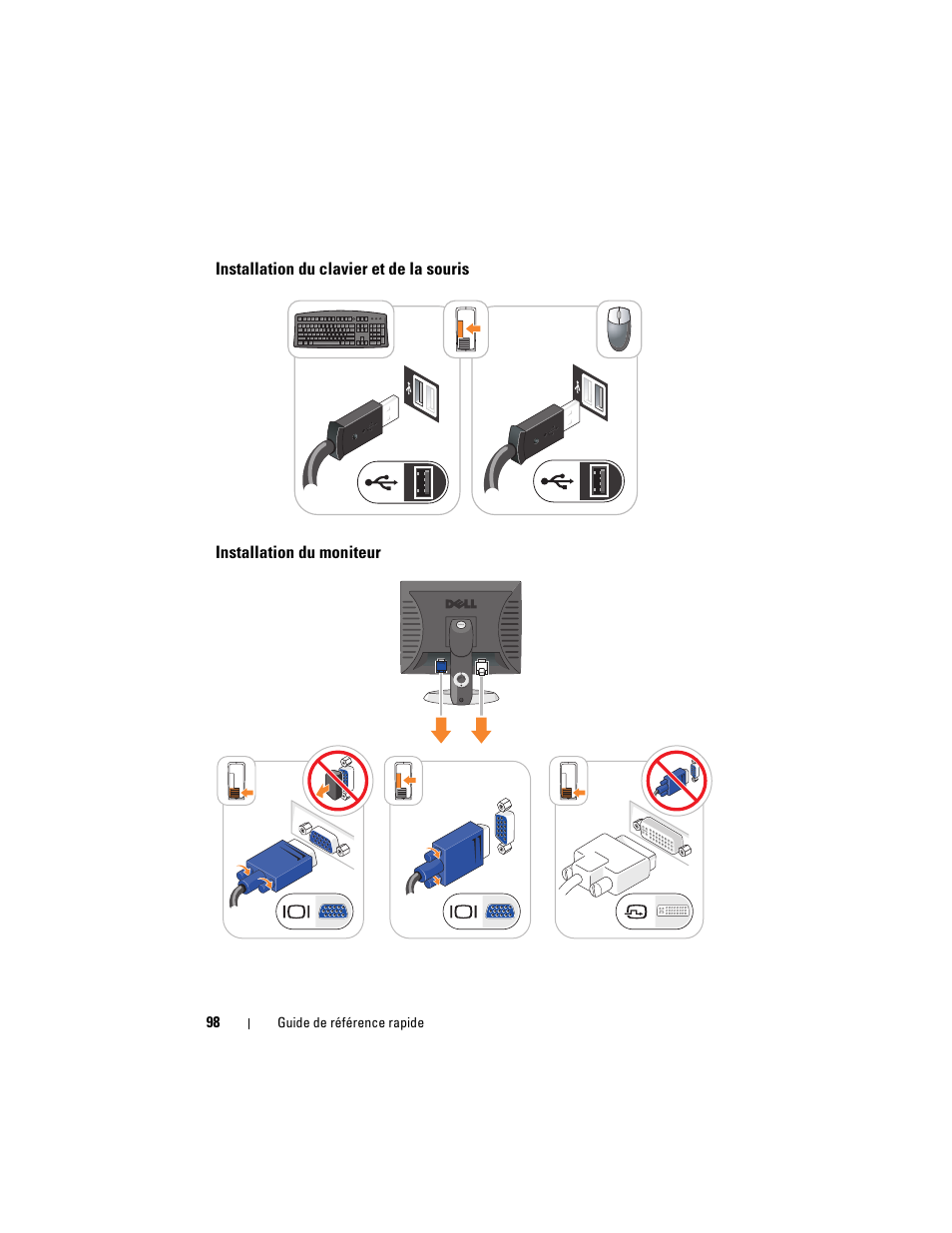 Installation du clavier et de la souris, Installation du moniteur | Dell OptiPlex 755 User Manual | Page 98 / 528