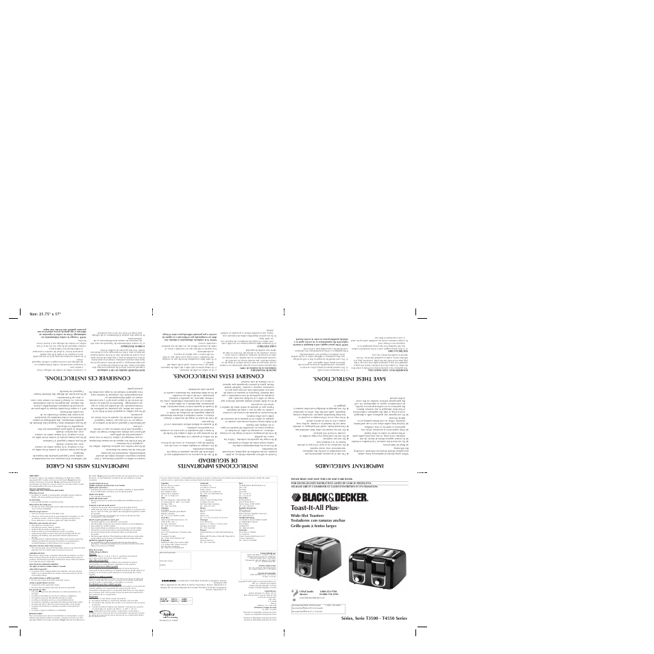 Toast-it-all plus, Important safeguards, Instrucciones importantes de seguridad | Importantes mises en garde, Save these instructions, Conserve est as instrucciones, Conserver ces instructions | Black & Decker T3500 User Manual | Page 2 / 2