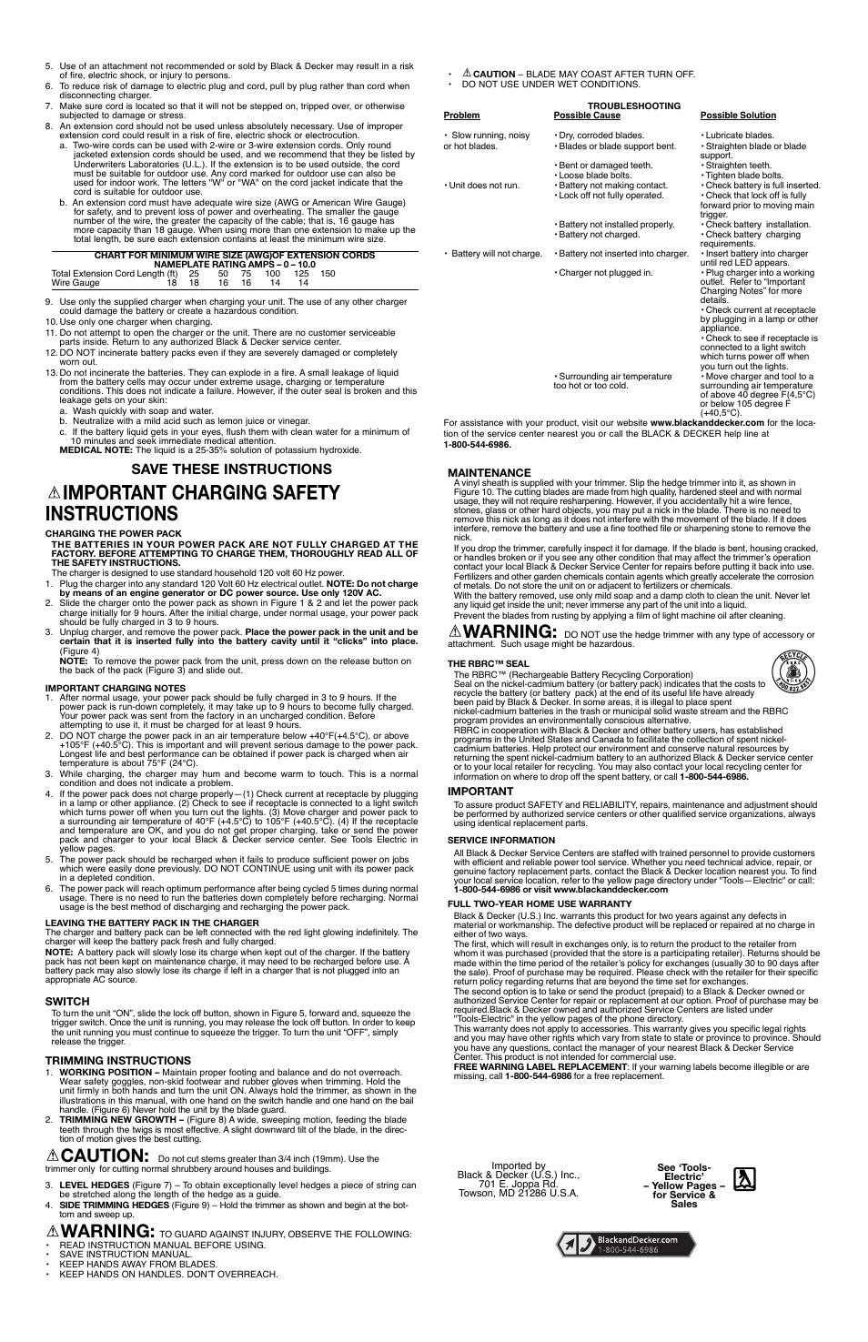 Important charging safety instructions, Caution, Warning | Save these instructions | Black & Decker NHT518 User Manual | Page 2 / 2