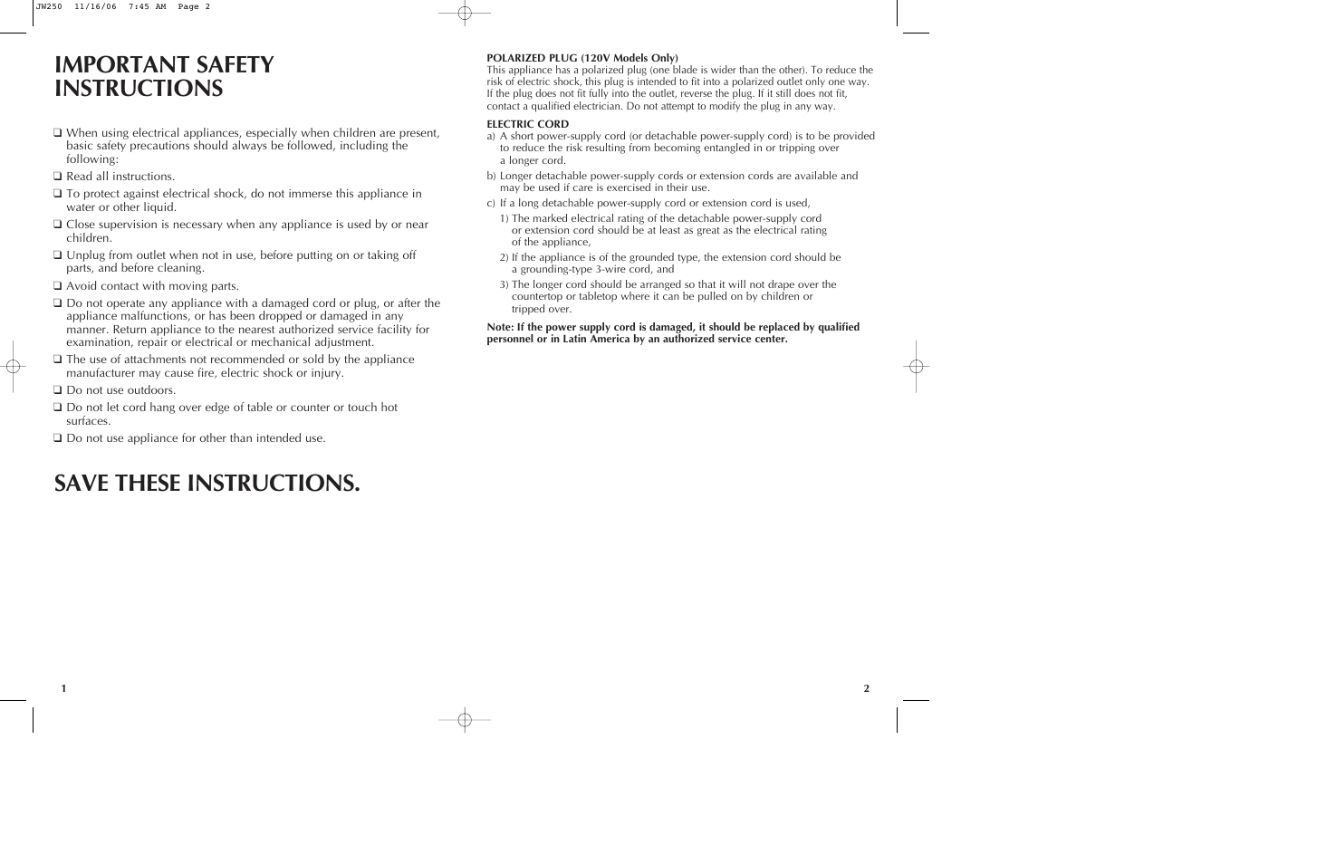 Important safety instructions, Save these instructions | Black & Decker JW250 User Manual | Page 2 / 11
