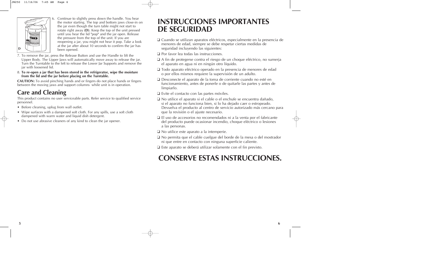 Instrucciones importantes de seguridad, Conserve estas instrucciones, Care and cleaning | Black & Decker JW250 User Manual | Page 4 / 11