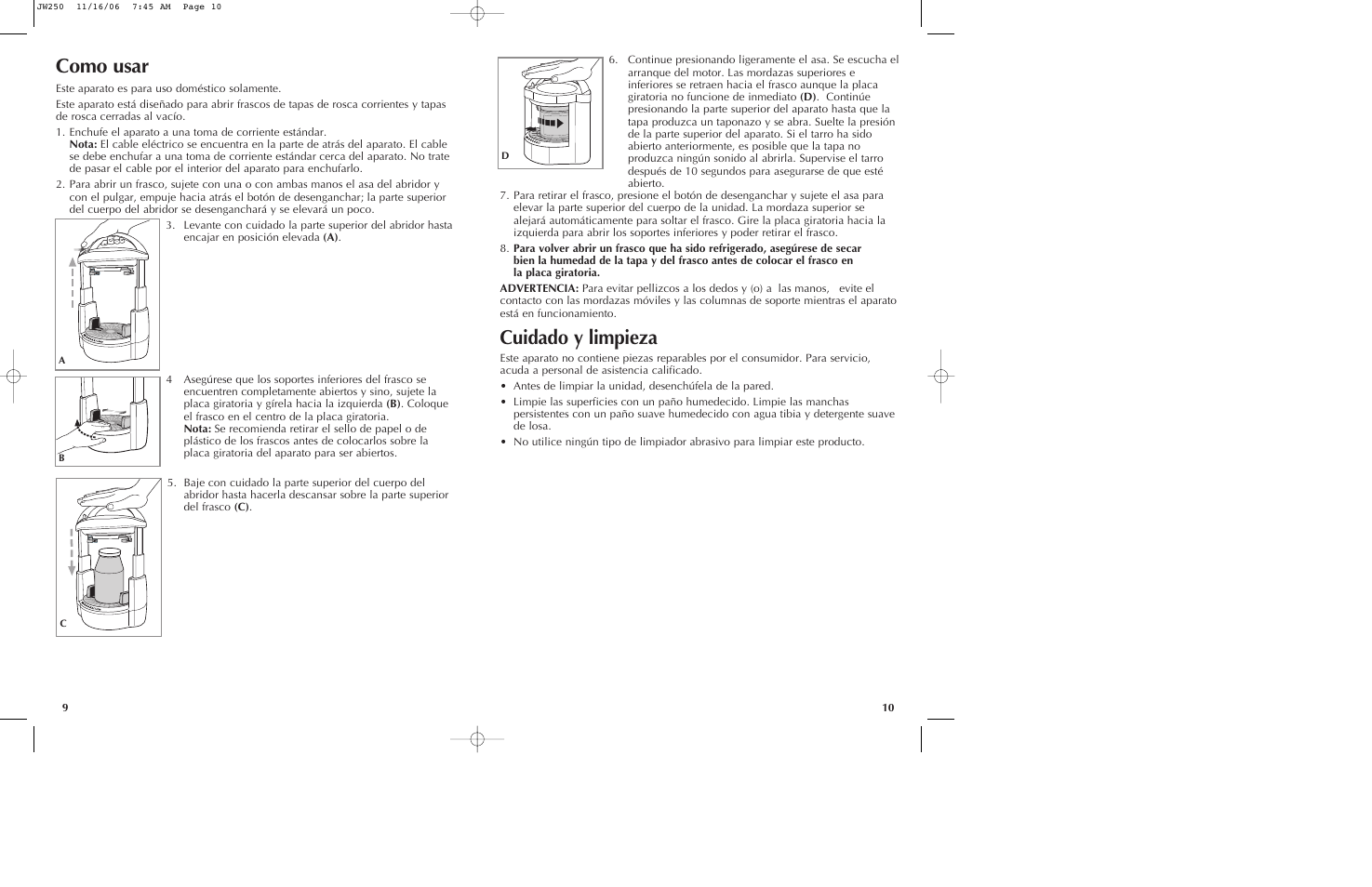 Como usar, Cuidado y limpieza | Black & Decker JW250 User Manual | Page 6 / 11