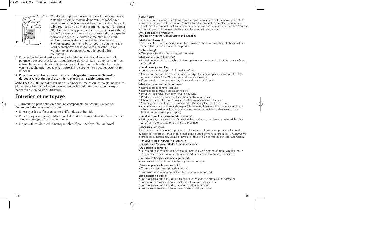 Entretien et nettoyage | Black & Decker JW250 User Manual | Page 9 / 11
