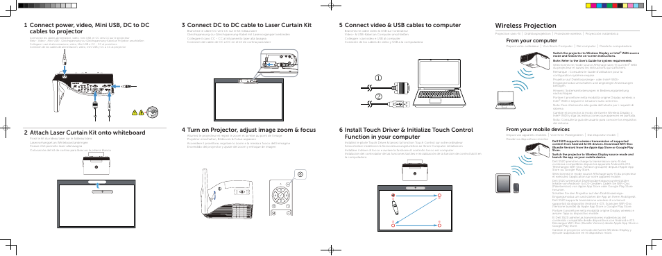 Wireless projection, Connect dc to dc cable to laser curtain kit, Turn on projector, adjust image zoom & focus | Connect video & usb cables to computer, Attach laser curtain kit onto whiteboard | Dell S520 Projector User Manual | Page 2 / 2