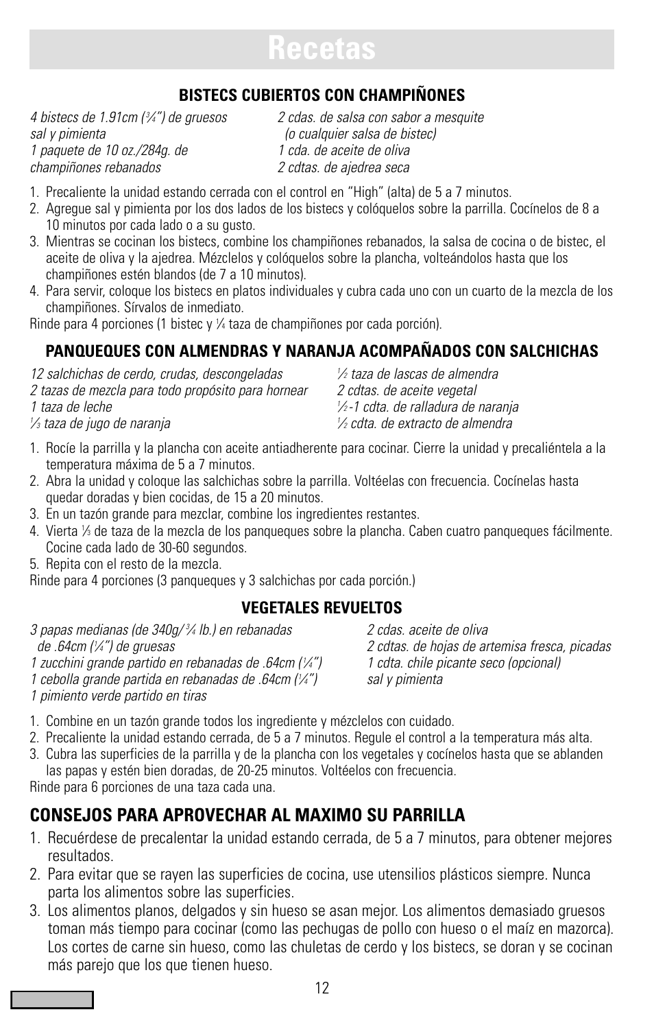 Recetas, Consejos para aprovechar al maximo su parrilla, 12 bistecs cubiertos con champiñones | Vegetales revueltos | Black & Decker IG200 Series User Manual | Page 12 / 20