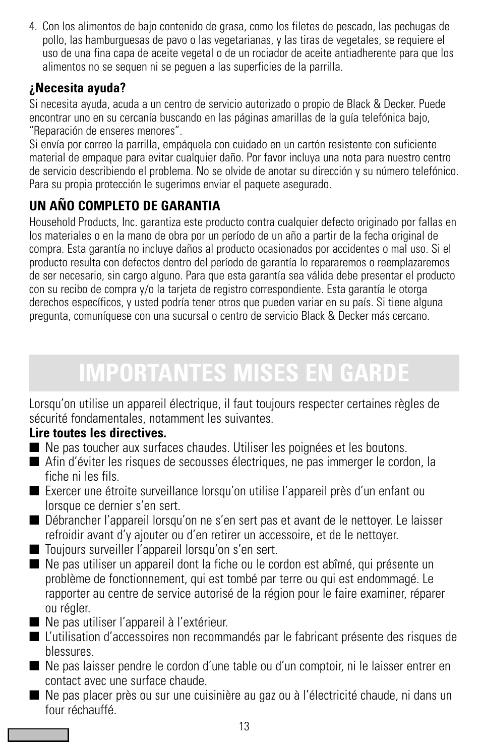 Mises en garde, Gril submersible pour l’intérieur sizzlelean, Importantes mises en garde | Black & Decker IG200 Series User Manual | Page 13 / 20