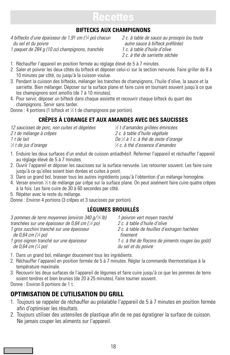 Recettes, Optimisation de l’utilisation du grill, 18 biftecks aux champignons | Légumes brouillés | Black & Decker IG200 Series User Manual | Page 18 / 20