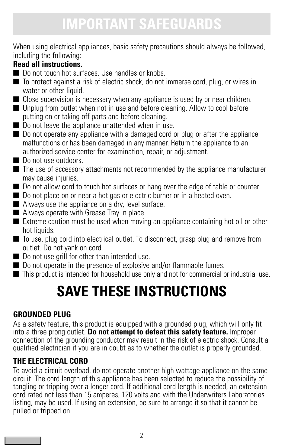 Safegaurds, Sizzlelean, Submersible indoor grill | Important safeguards, Save these instructions | Black & Decker IG200 Series User Manual | Page 2 / 20