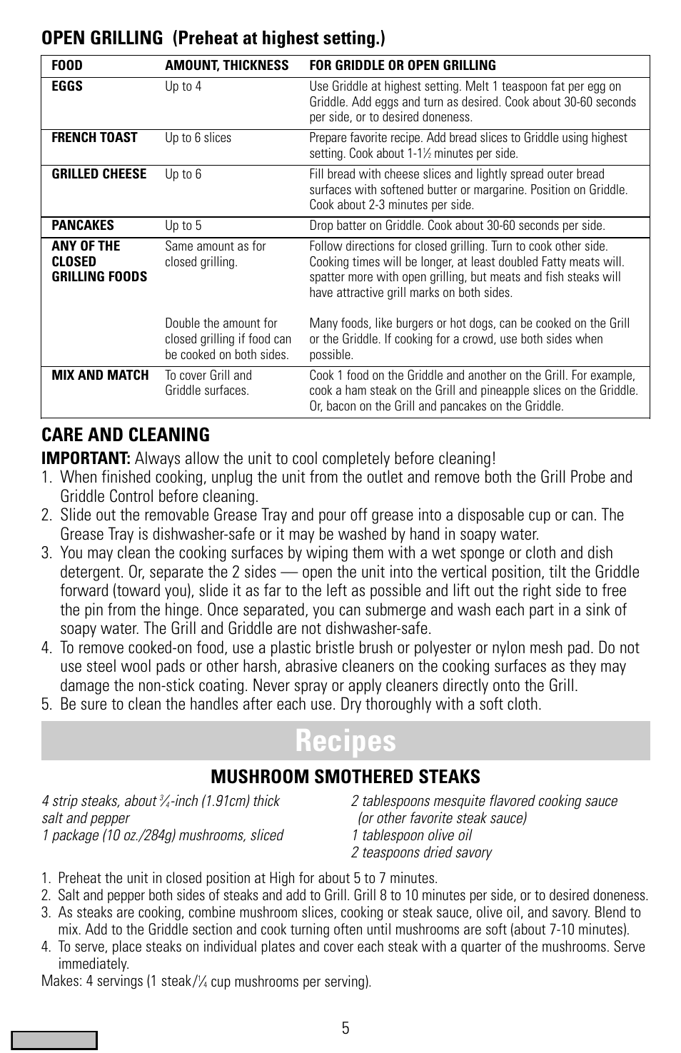 Recipies, Recipes, Open grilling (preheat at highest setting.) | Care and cleaning, Mushroom smothered steaks | Black & Decker IG200 Series User Manual | Page 5 / 20