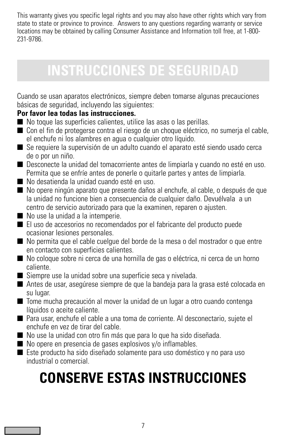Instrucciones, Parrilla sumergible sizzlelean, Para uso interior | Instrucciones de seguridad, Conserve estas instrucciones | Black & Decker IG200 Series User Manual | Page 7 / 20