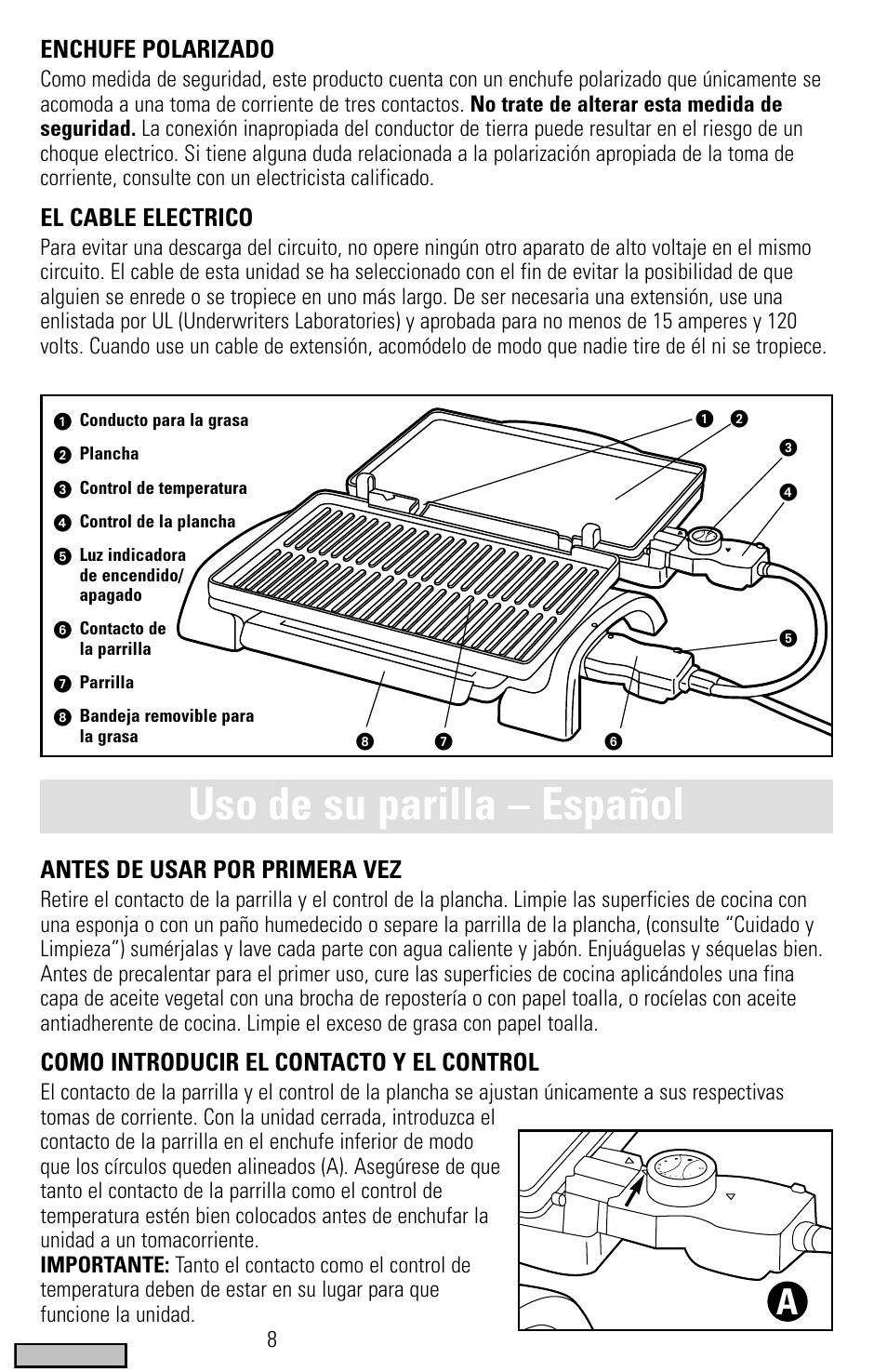 Uso de su parilla – español | Black & Decker IG200 Series User Manual | Page 8 / 20