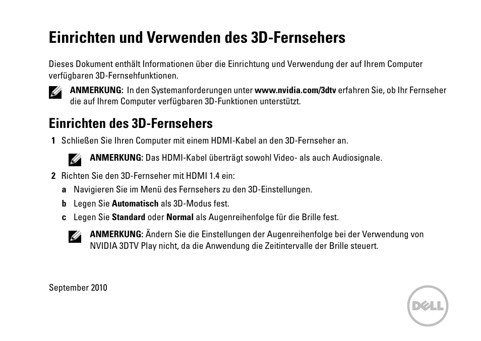 Einrichten und verwenden des 3d-fernsehers, Einrichten des 3d-fernsehers | Dell XPS 15 (L501X, Late 2010) User Manual | Page 25 / 40