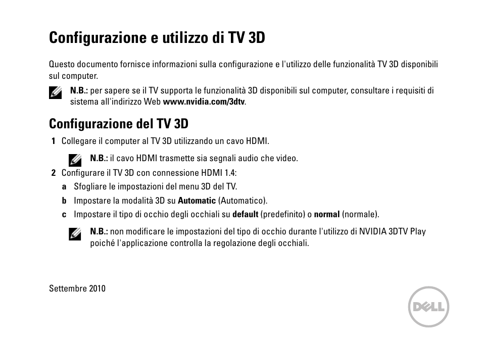 Configurazione e utilizzo di tv 3d, Configurazione del tv 3d | Dell XPS 15 (L501X, Late 2010) User Manual | Page 33 / 40